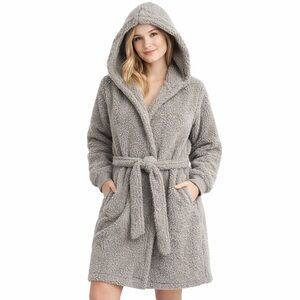 Pottery Barn Teddy Bear Fleece Hooded Robe Womens S Gray Pockets Soft Cozy